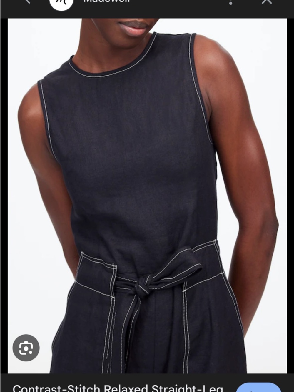 Madewell Sleeveless Black Linen Jumpsuit with Contrast Stitching